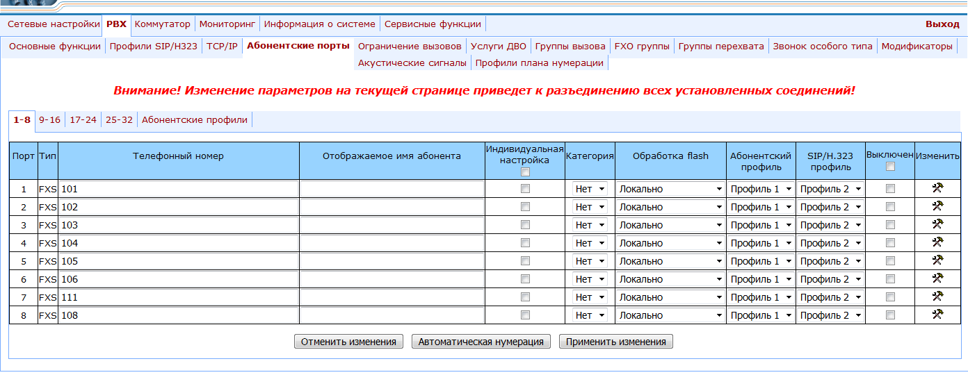 Настройка абонентских портов