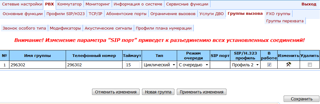Редактирование группы вызова